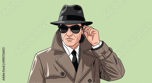 Mysterious man dressed as a secret agent or spy wearing a brown trench coat, black fedora, and sunglasses touching his earpiece.
