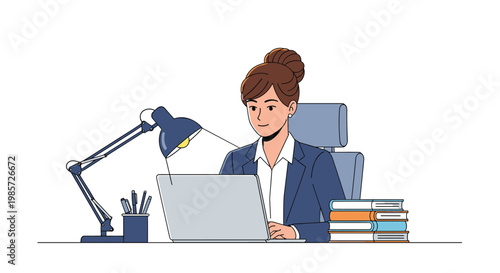 Focused businesswoman in a professional suit works on her laptop at a desk equipped with a lamp and books in a modern, quiet office space.