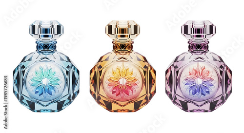 Three decorative perfume bottles with floral designs isolated on transparent background
