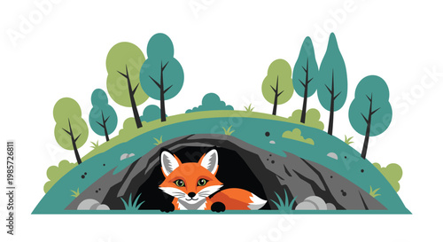 Cute orange fox peeks out from its rocky den located on a lush green grassy hill with tall trees in the background under clear daylight.