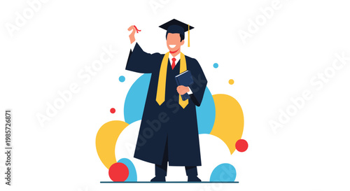 Proud male graduate wearing a black academic gown and mortarboard cap while holding a diploma and a book in front of a colorful backdrop.