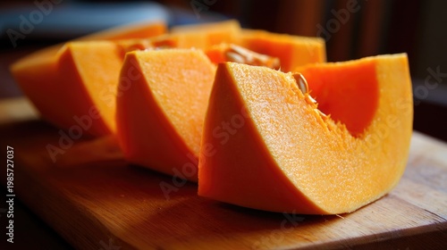 Freshly Cut Orange Pumpkin Slices on Wooden Cutting Board