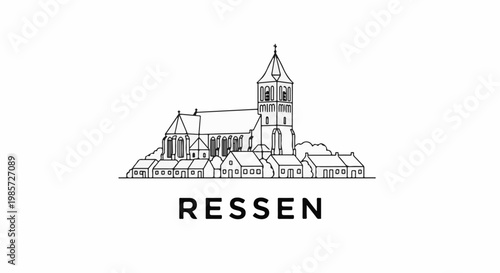 Stylized line art of a village with a church and surrounding buildings