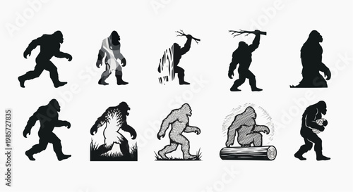Bigfoot silhouettes walking running holding objects in various poses and styles