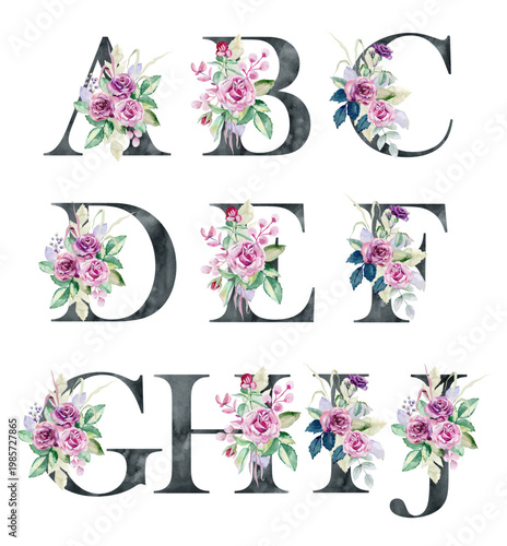 Vector watercolor Floral Alphabet Letters with Roses, Elegant Botanical Monogram Set.