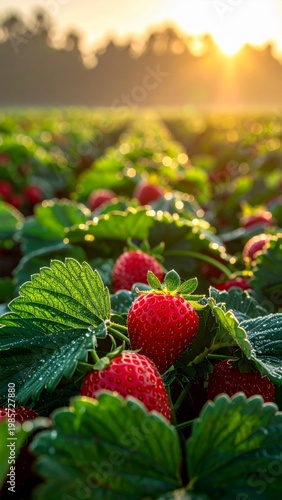 Rows Of Ripe Red Strawberries In A Field At Sunrise With Dew Drops