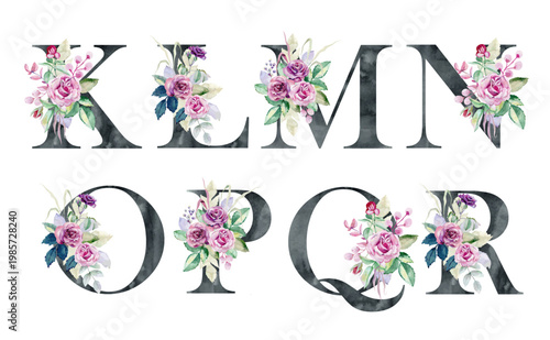 Vector watercolor Floral Alphabet Letters with Roses, Elegant Botanical Monogram Set.
