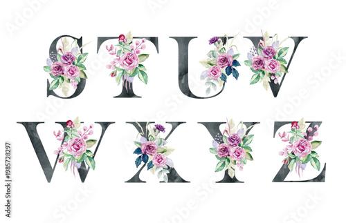 Vector watercolor Floral Alphabet Letters with Roses, Elegant Botanical Monogram Set.