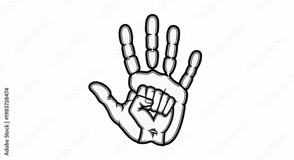 Fototapeta premium Stylized black and white graphic of a fist inside an open hand