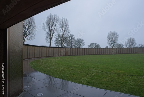 Ablain-Saint-Nazaire, France - Apr 2, 2026: This memorial contains the names of all the soldiers who were killed at the front in Nord-Pas de Calais during WWI. Cloudy spring day. Selective focus