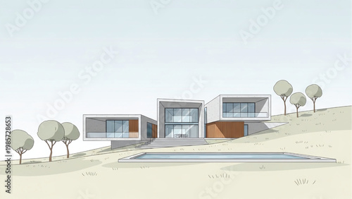Modern house with pool and trees on a hill side with a minimalist design and large windows.