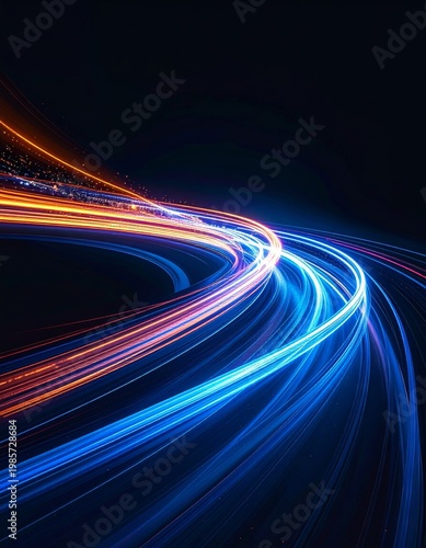Abstract Glowing Light Trails in Blue and Orange Against Dark Background