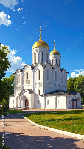 A white church with gold domes and a cross on top
