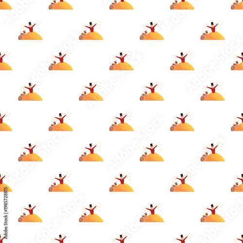 Rich person with money bags standing on a gold pile with coins falling