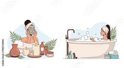 Relaxed woman enjoying a luxury spa day with a facial mask, aromatherapy candles, and a warm bubble bath in a tub.
