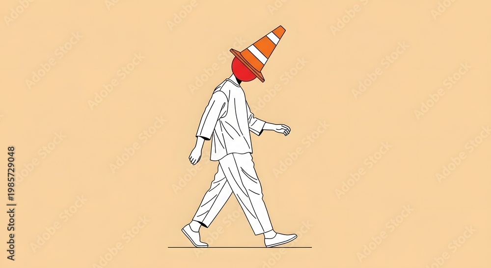 Fototapeta premium Casual man walking with a traffic cone on head. Safety and construction concept. Person in white clothes strolling forward wearing an orange safety cone