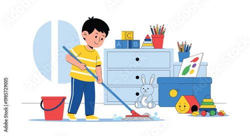 Diligent young boy using a mop to clean the water on the floor in a messy playroom filled with colorful toys and children furniture.