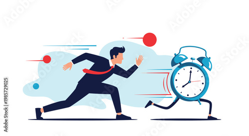 Stressed businessman in a professional suit runs frantically to catch up with a giant blue alarm clock, symbolizing deadlines and pressure.