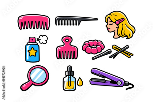 Cartoon hair styling tools and accessories set with female character.
