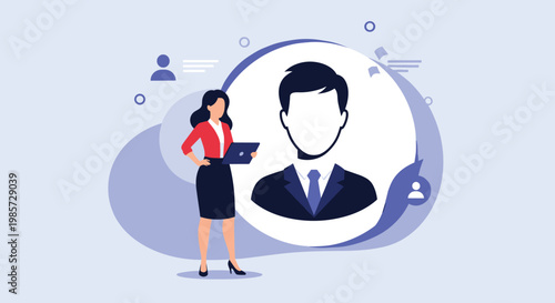Human resources concept featuring a professional businesswoman standing next to a large candidate profile silhouette for job hiring decisions.