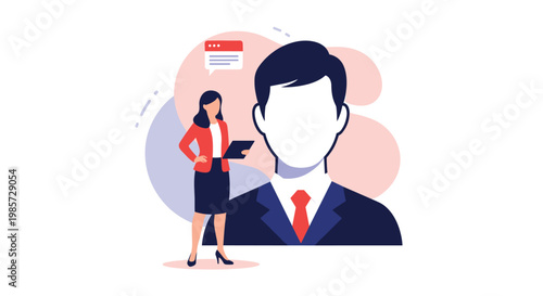 Recruitment concept showing a businesswoman standing near a large male profile silhouette and a digital resume window for career selection.