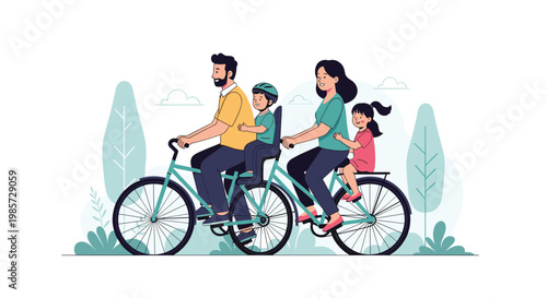 Happy family of four including parents and two children enjoys a coordinated bike ride together on a tandem bicycle in a scenic outdoor park.