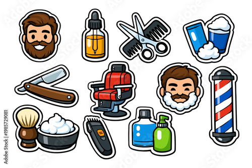 Barber shop icons with male faces, grooming tools, shaving foam, and barber pole.
