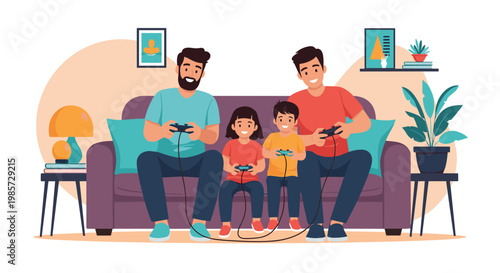 Happy family with parents and two young children sit together on a comfortable sofa playing video games with handheld controllers at home.