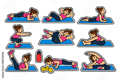 Female doing yoga and fitness exercises with accessories on blue mats.