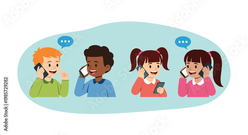 Group of four diverse children happily talking on their mobile phones in different poses representing modern communication for kids.