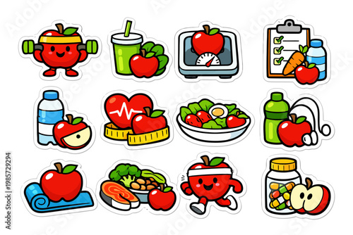 Healthy apple-themed fitness and nutrition icons for wellness enthusiasts.