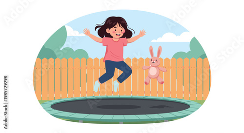 Happy young girl jumping high on a trampoline with her favorite bunny plush toy in a backyard garden setting on a sunny day.