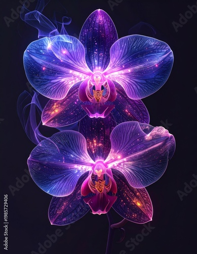 Cosmic Purple Orchids Glowing with Starlight Against Dark Background