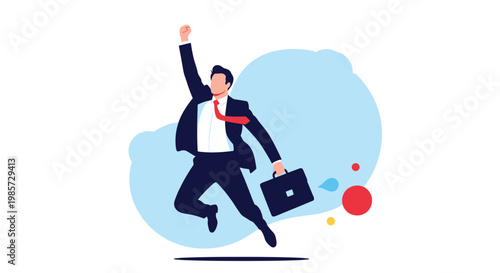 Successful businessman jumping high in the air with his arms raised and holding a briefcase in a gesture of career triumph.