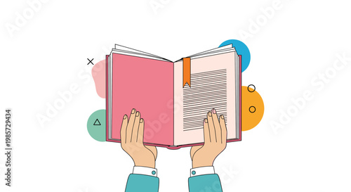 Pair of professional hands holding an open book with visible text pages against a white background with colorful shapes.