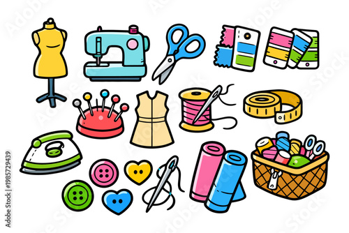 Colorful sewing tools and accessories illustration.