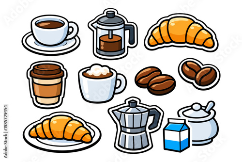 Coffee and bakery icons: french press, croissant, espresso, milk carton, coffee beans.