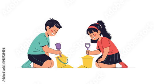 Young boy and girl sitting on the ground playing with sand buckets and shovels in a creative and fun childhood activity.