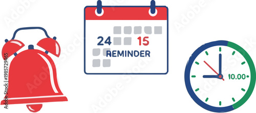 Digital icons representing a red alarm bell alongside a calendar reminder and a clock displaying ten o clock time precisely