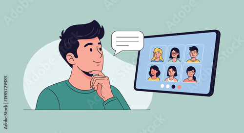 Pensive young man thinking and looking at a tablet screen displaying a diverse group of people during an online video meeting.