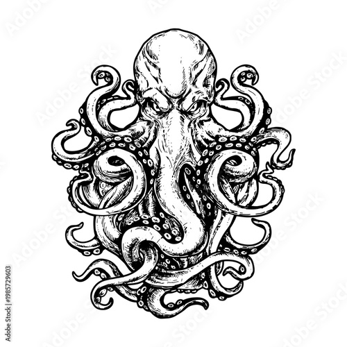 Kraken handrawn engraved style vector isolated