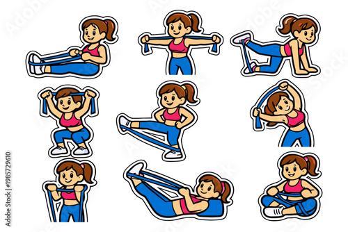 Cartoon female characters exercising with resistance bands in various poses.