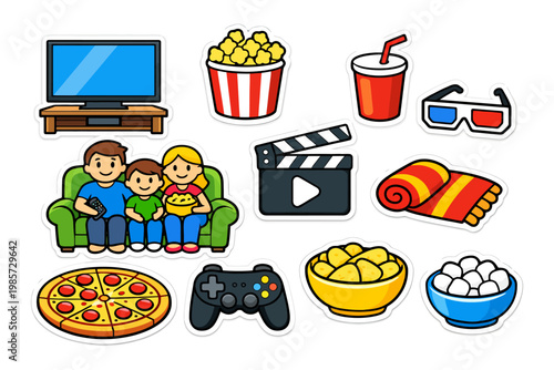 Family movie night with popcorn, drinks, pizza, and entertainment icons.