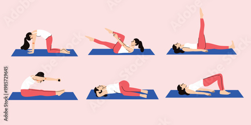 Set of Pilates poses. Woman doing the stretching exercises at home. Meditates. Pilates. Yoga. Stretching. 
Healthy lifestyle. Vector flat illustration