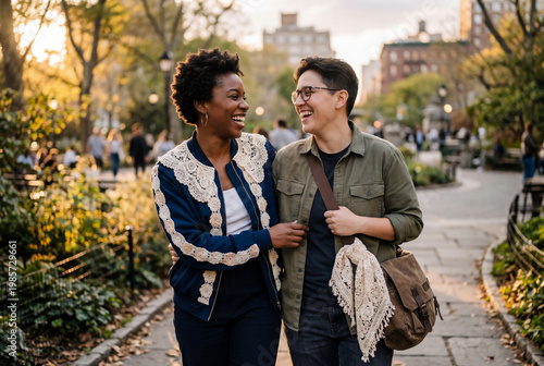 Happy diverse LGBTQ lesbian couple walking in a city park during sunset wearing a bomber jacket with lace collars and a utility shirt with a messenger bag during Pride Month