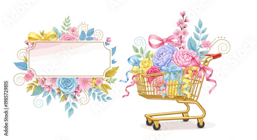 A golden shopping cart overflowing with pastel-colored floral bouquets and ribbons is featured in a digital illustration, complemented by a decorative frame adorned with flowers