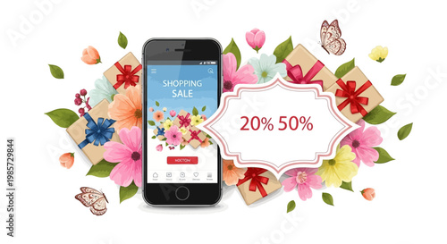 A smartphone displays a shopping sale app surrounded by flowers and gift boxes, set against a white backdrop with a bright and cheerful aesthetic, presented as a flat lay composition