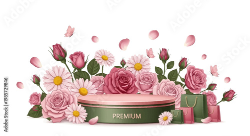 A pink podium display showcases roses and daisies with floating petals in a vector illustration, complemented by gift bags against a white backdrop to create a delicate, celebratory