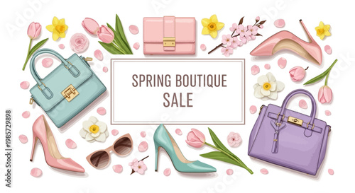 Overhead shot of a Spring Boutique Sale sign surrounded by handbags, shoes, sunglasses, and blooming tulips and daffodils against a clean white background, creating a vibrant and cheerful