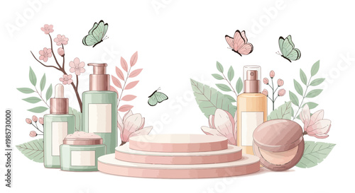 A pastel-toned cosmetic product display features a tiered platform surrounded by beauty containers and floral accents, complemented by delicate butterflies in a clean, illustrative style
